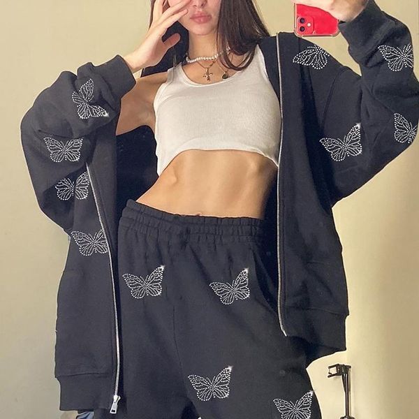 

women's jackets butterfly print hoodies women's sweatshirts oversized pocket jacket streetwear autumn y2k casual loose hooded zippe, Black;brown
