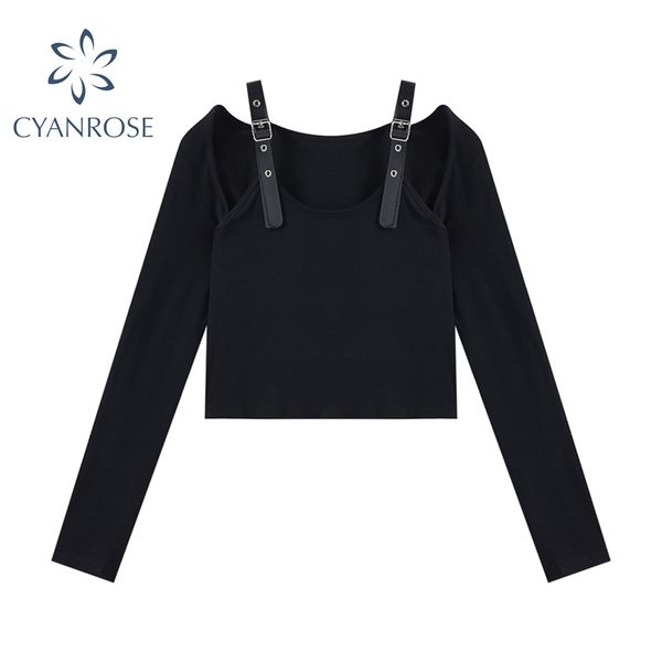 

bodycon gothic crop t shirt women suspenders spliced design punk black short tees female long sleeve club skinny 210417, White