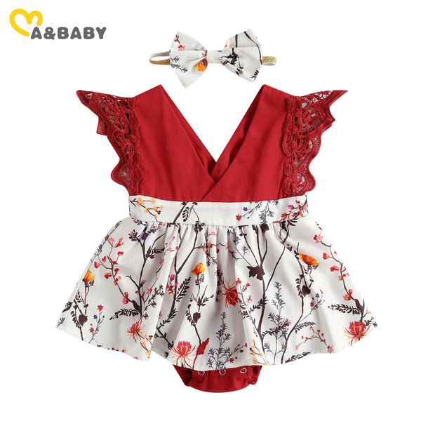 

0-24m summer born infant baby girls red romper toddler girl lace flower v neck jumpsuit cloting costumes 210515, Blue