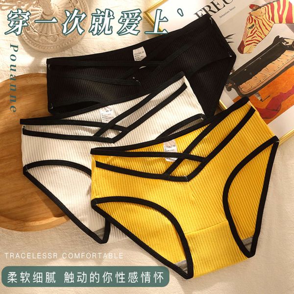 

cotton underwear women's middle waist breathable color cross with temptation triangle pants, Black;white