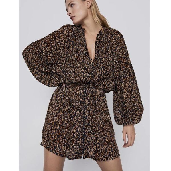 

casual dresses women's metallic thread print mini dress puff long sleeve a line elastic waist vintage pleated elegant woman 0578, Black;gray