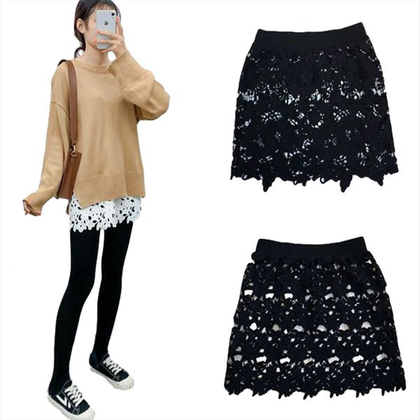 

adjustable layering fake women skirt bottom hem casual elastic waist floral lace solid color crochet underskirt, Black