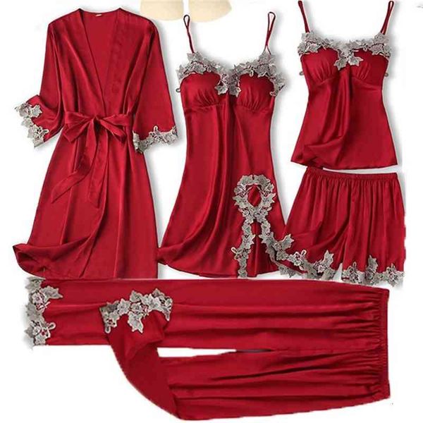 

women's sleepwear 5pcs sets pj's women pajamas suit lace trim home clothes female kimono robe gown summer v-neck lingerie nig, Black;red