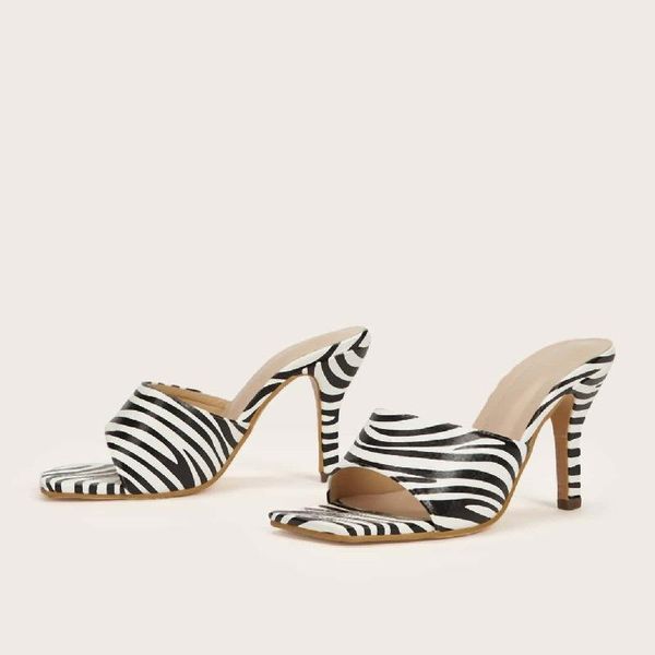 

women's shoes 2021 slippers fine with high heels pu flip-flops zebra print versatile sandals, Black