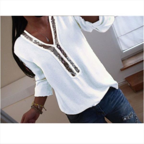 

plus size boho chiffon women shirt v neck long sleeve sequin solid loose, White