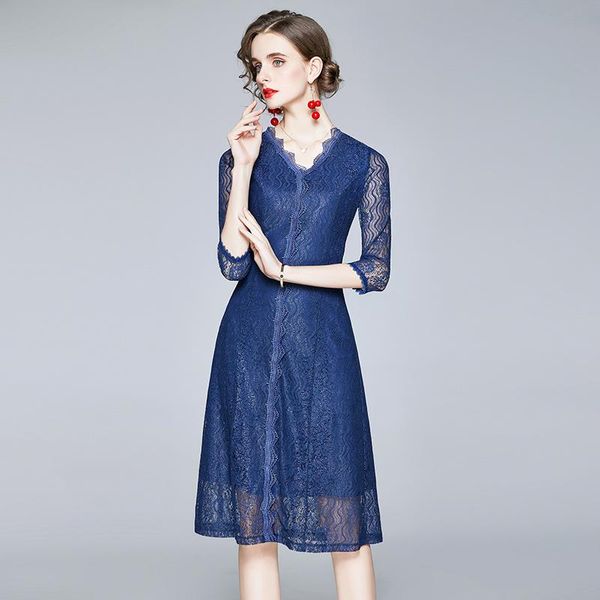 

women spring designer elegant lace dress slim office party robe female vintage blue v neck a-line dresses vestidos casual, Black;gray