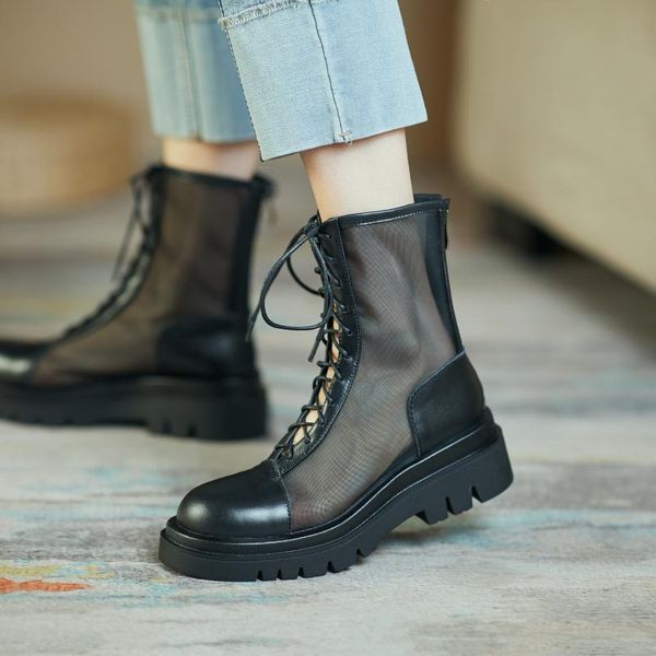 

round toe chunky heels women summer boots genuine leather back zipper shoes woman 2021 spring party ankle, Black