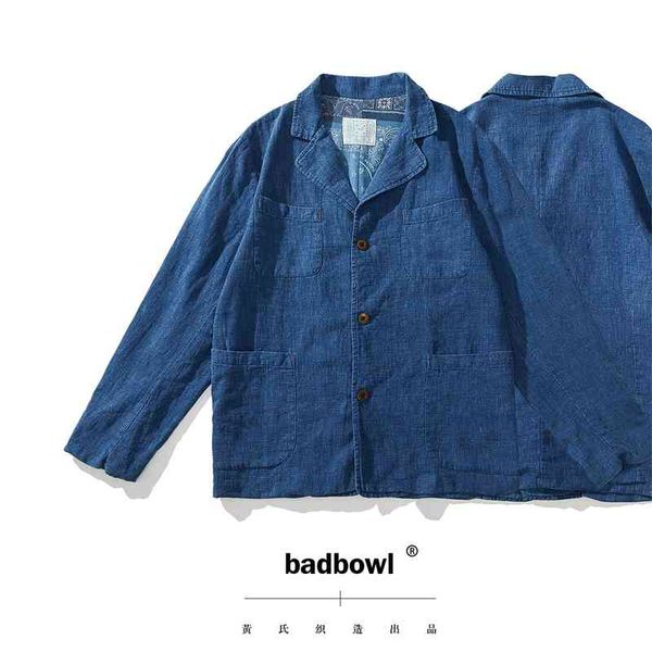 

huang's indigo blue dyed linen french frock daopao jacket, Black;brown