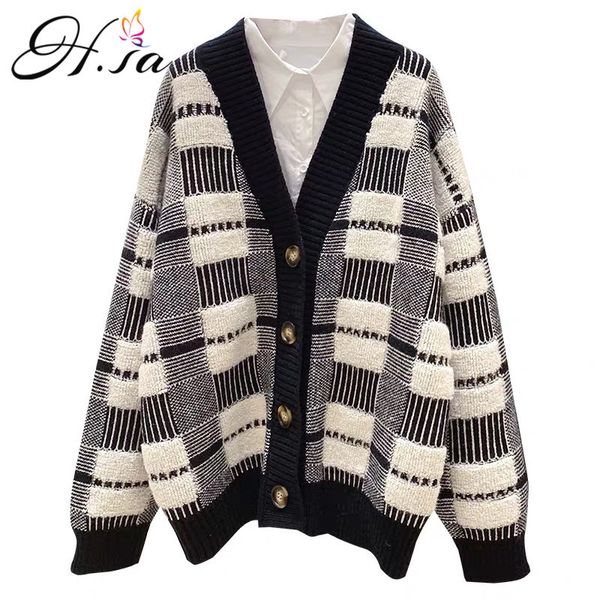 H.SA Camisolas Mulheres Inverno Primavera Primeira Pregue V-Pescoço Cardigans Botão Buff Manga Checkered Sweater Sweater 210417