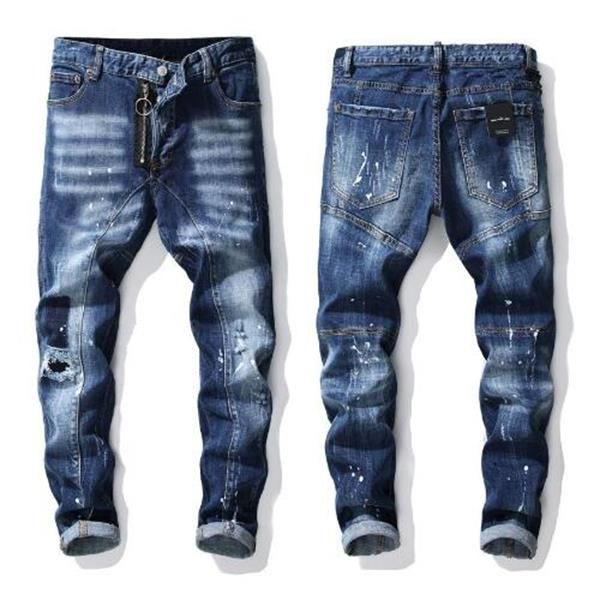 

men rips stretch black jeans fashion slim fit washed motocycle denim pants men's panelled hip hop trousers for male, Blue