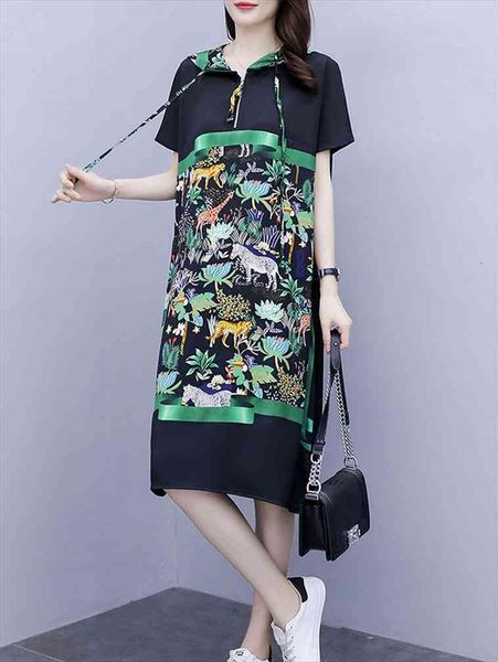 

plus size summer hoody womens dress short sleeve animal print hoodied, Black;gray