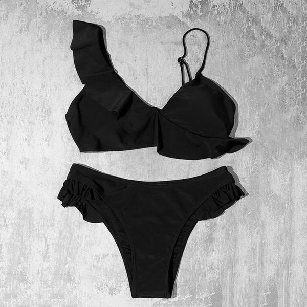 

40# womens leaf bikini set solid color ruffles brazilian swimsuits print one-shoulder ruffled female split swimsuit two-piece suits