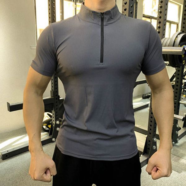 2021 Zipper Cinza Running Homens Esporte Treinamento De Silk Silk Summer T-shirt de manga curta Masculino Casual Quick Seco Ginásio Fitness Slim Tees Tops Roupas