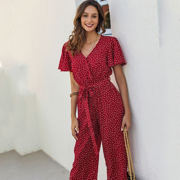 

women casual summer jumpsuit romper 2021 red dot print ruffle beach romper playsuit vintage long pants boho romper overalls, Black;white