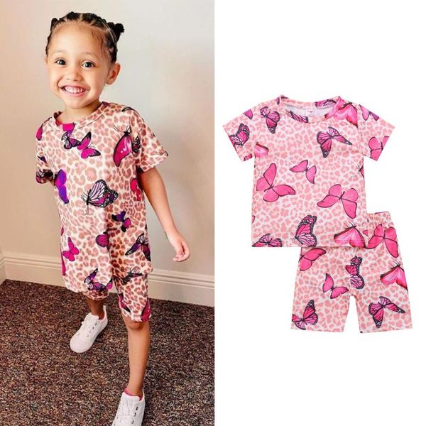 

clothing sets focusnorm 1-6y summer causal kids girls clothes leopard & butterfly print short sleeve t shirts shorts, White