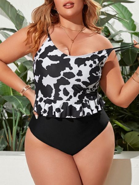 

plus cow pattern ruffle hem one piece swimsuit i8ok#, Black