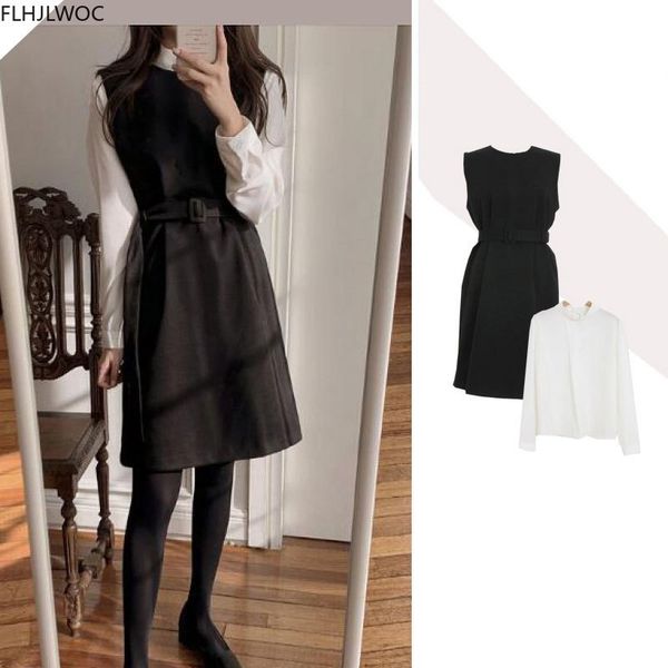 

casual dresses s korean japan style women preppy girls sleeveless date fenimine lady vestidos solid color belt little black n166 b, Black;gray