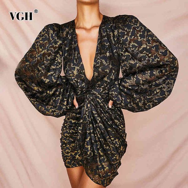 

vgh black print hit color women's dress v neck lantern long sleeve high waist ruched ruffles mini dresses for female style 210421, Black;gray