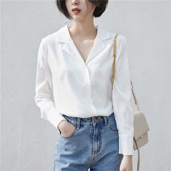 

women's blouses & shirts spring autumn korea fashion notched collar ol women white all-matched loose casual long sleeve chiff xms8