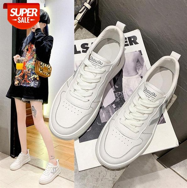 

women's sneakers layer cowhide round toe lace-up flat white shoes casual #zf7n