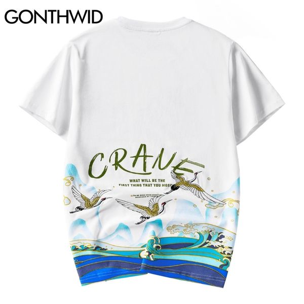 

tees shirt men casual hip hop harajuku crane embroidery wave print short sleeve cotton t-shirts streetwear fashion 210602, White;black