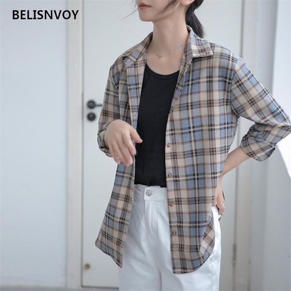 

spring fall retro blouse women turn-down collar plaid shirt for long sleeve button up blusas ropa de mujer 210520, White