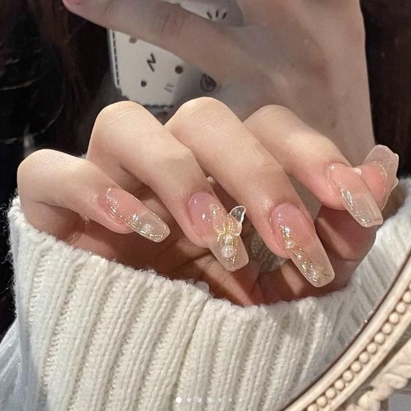 

false nails 2021 24pcs bow printed nail patch with pearl inlaid glue type removable long paragraph fashion manicure, Red;gold