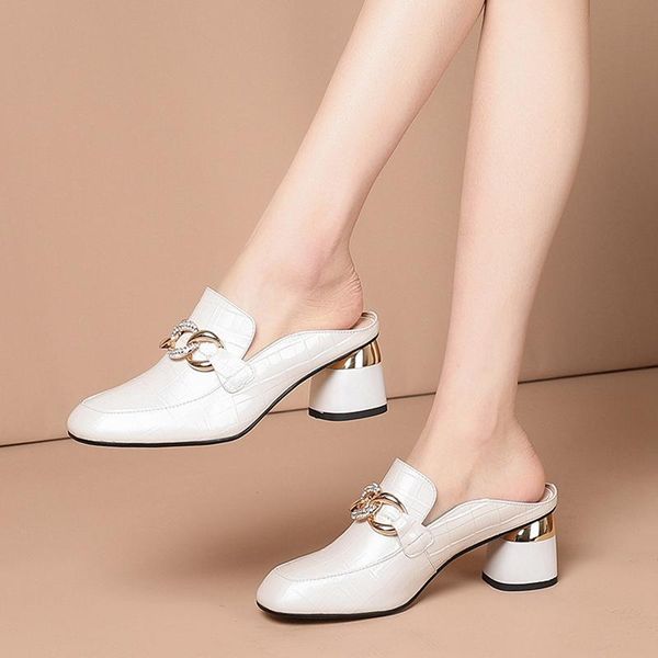 

slippers rimocy closed toe high heels women metal chain slip on mules shoes woman fashion pu leather summer slides ladies 2021, Black