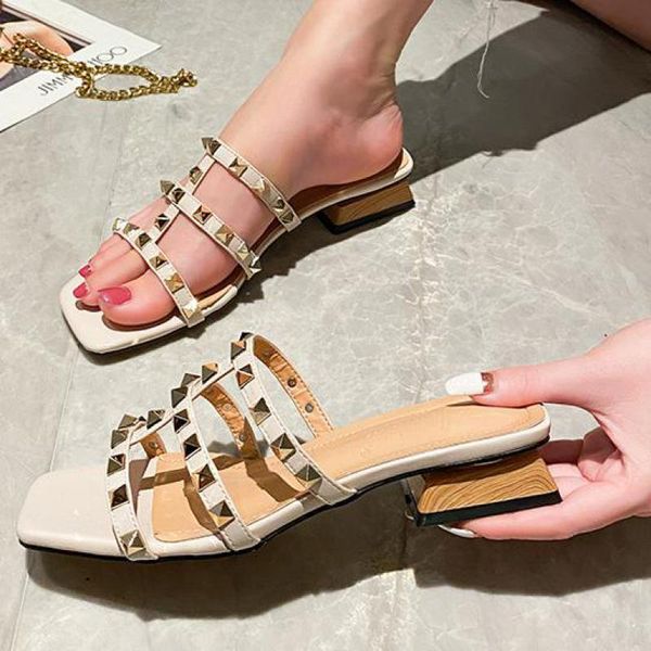 

slippers large size rivet women casual summer beach open toe lady flip flops sandal thick square heel shoes slides, Black