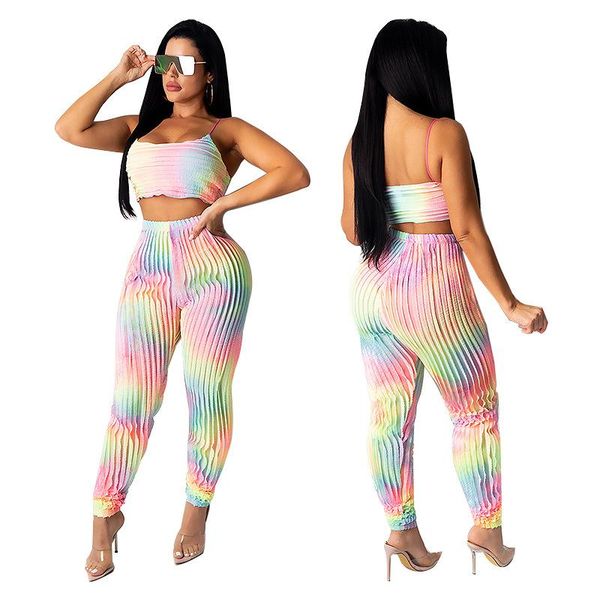 

women's tracksuits cutubly pleated two piece set tie dye print spaghetti strap o-neck women outfits sets summer 2021, Gray