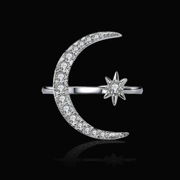

wedding rings european and american fashion dazzling crystal female jewelry personality simple moon star ring engagement, Slivery;golden