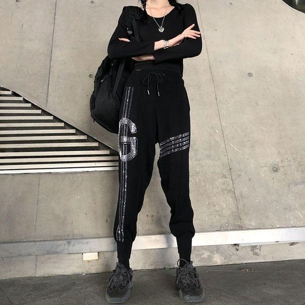 

women's pants & capris heavy embroidery drilling knitted trousers loose slimming harajuku style diamond-embedded harem women, Black;white