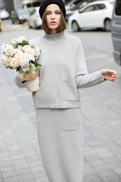 

women's sweaters winter 60% cashmere sweater and skirt set women, White;black