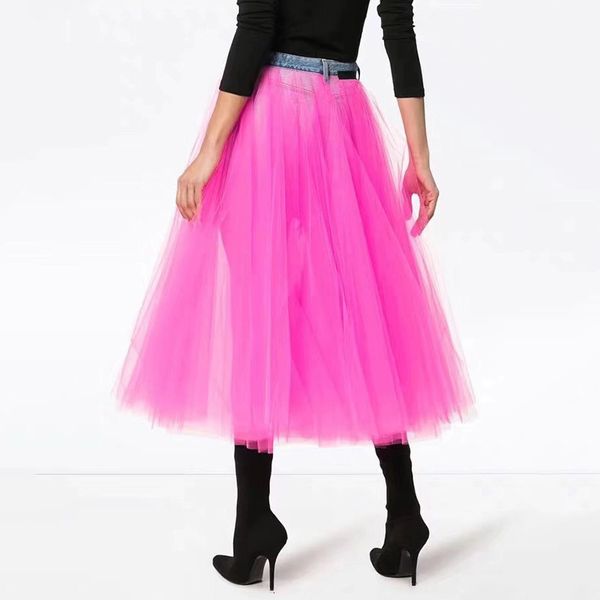 

skirts denim for women high waist patchwork mesh midi ball gown skirt female casual fashion korean spring 6w00, Black