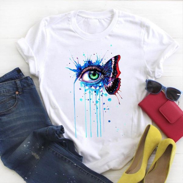 

butterfly watercolor print 90s women fashion summer tee clothes graphic, White