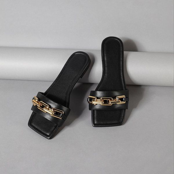 

spring summer slippers women shoes candy color leather chain female flat wild beach ms sandals outside home slides, Black