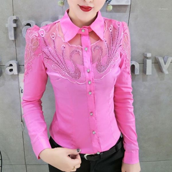 

women's blouses & shirts autumn long-sleeve office lady patchwork women clothes fashion diamond lace embroidery blouse, White