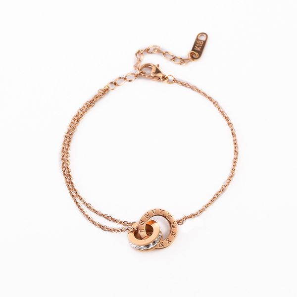 

,bracelet fashion titanium steel rose gold double ring bracelet anklet fashion roman digital round diamond girl's hand accessories, Golden;silver