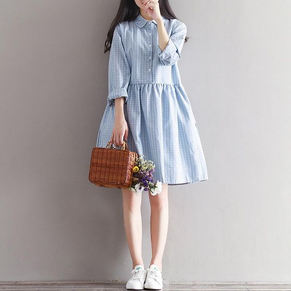 

casual dresses student women girls loose dress spring fashion light blue plaid sweet long-sleeved mid-length a-line, Black;gray