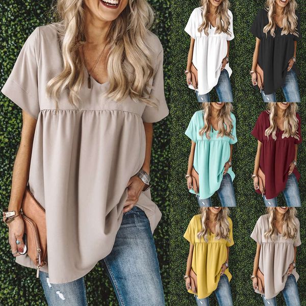 

women's t-shirt spring and summer v-neck short sleeve loose pleated dress for women 71da, White