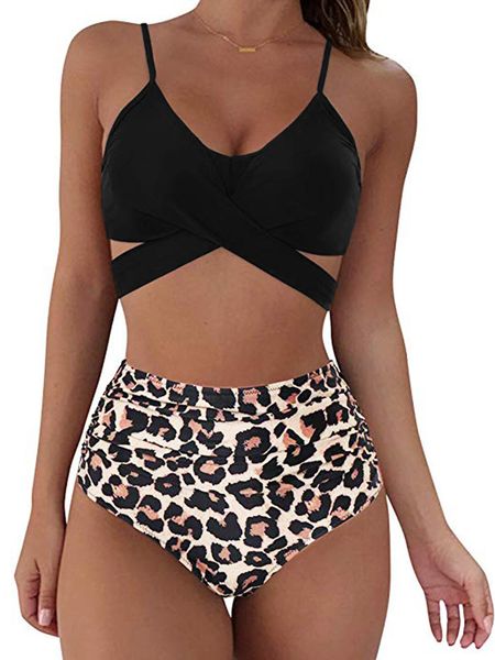 

2021 leopard split cross high waist two piece bikini swimsuit, White;black