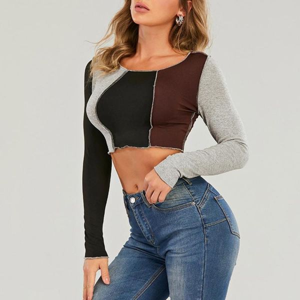 

women's t-shirt 2021 fashion crop patchwork women long sleeve o neck shirt for spring autumn, White