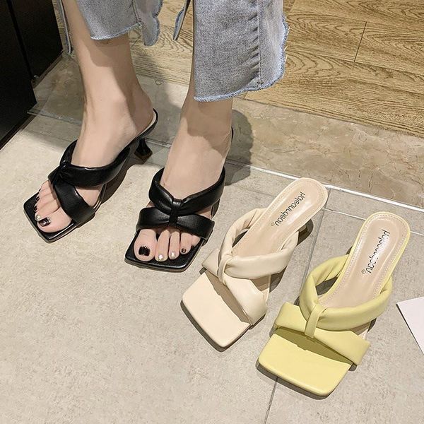 

female shoes slippers casual slides square toe women heels shallow 2021 luxury soft high thin pu bonded leather rubber, Black