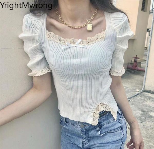 

women's t-shirt cute aesthetic cloth summer korean lace square neck bow knit split crop kawaii t shirt cropped fashion lolita, White