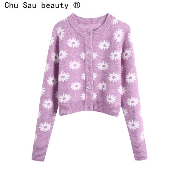 

autumn winter sweet embroidery flowers single-breasted round neck cropped knitted cardigans sweaters coat for woman 210508, White