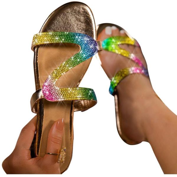 

sandals summer beach slippers for women casual solid crystal roman plus-size flat slipper flip flops ladies mujer shoes, Black