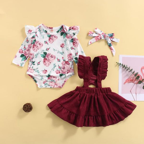 

clothing sets 3pcs baby's set floral printed long sleeve romper solid color suspender skirt headdress toddler girls spring fall 3m-3t, White