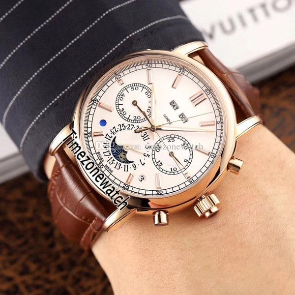 Novo 5204r-001 Mens Automático Assista Moon Fase Complicada Rose Gold Case Dial Branco Perpetual Calendário Gents Relógios de Couro Brown Strap TimeZoneWatch E28B2