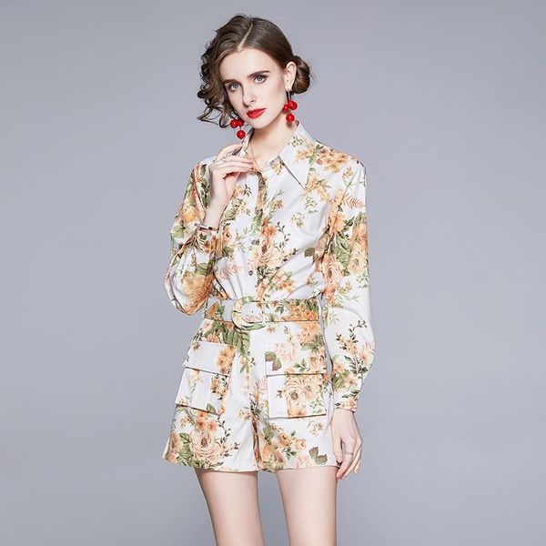 

women's tracksuits 2021 summer fashion two piece clothing set floral print shirt with shorts suit casual office lady outfits, Gray