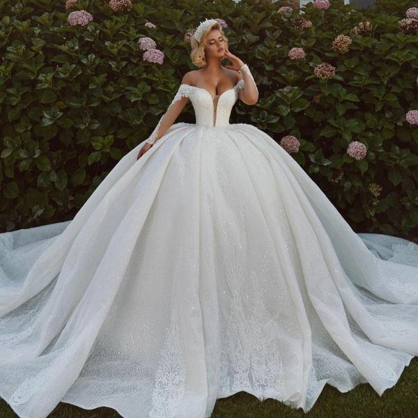 2021 Abito da sposa con spalle scoperte Appliques di pizzo Abiti da sposa con paillettes Arabia Saudita Plus Size vestido de novia